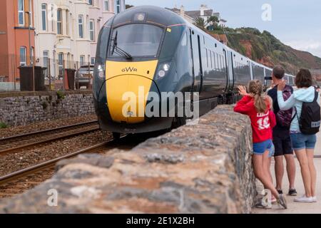 New Class 800 electro diesel GWR train on route to Dawlish from London, Devon, England Stock Photo