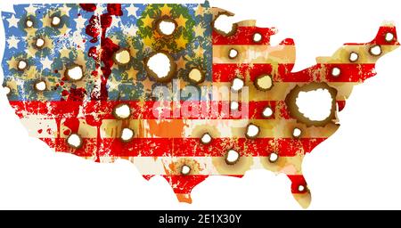 grungy USA flag with bullet holes, vector illustration Stock Photo