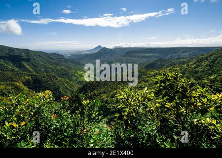 Viewpoint, view over forested mountain landscape, Black River National Park, Mauritius Stock Photo