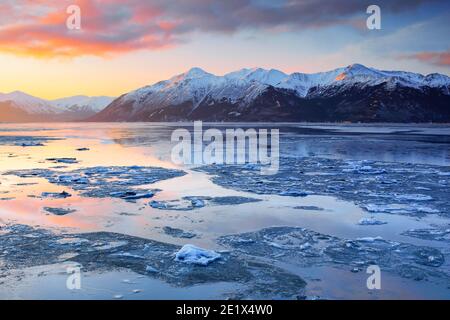Turnagain Arm and Kenai Mountains, Kenai Peninsula, Alaska, USA Stock Photo