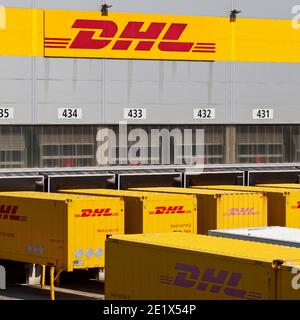 DHL container in logistics center, parcel center, Deutsche Post DHL, Rheinsberg, North Rhine-Westphalia, Germany Stock Photo