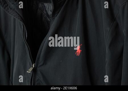 Moscow, Russia - 5 December 2020: Red Polo Ralph Lauren logo symbol on black jacket, Illustrative Editorial. Stock Photo