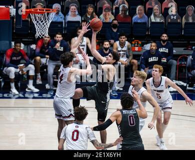 Moraga, CA U.S. 09th Jan, 2021. A. Santa Clara Broncos forward Guglielmo Caruso (30) goes to the hoop and scores during the NCAA Men's Basketball game between Santa Clara Broncos and the Saint Mary's Gaels 66-64 win at McKeon Pavilion Moraga Calif. Thurman James/CSM/Alamy Live News Stock Photo