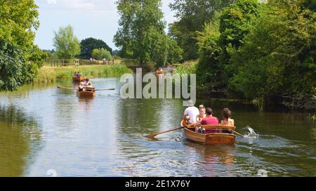 People rowing boats on the river Stour on the Essex - Suffolk border enjoying the summer sunshine. Stock Photo