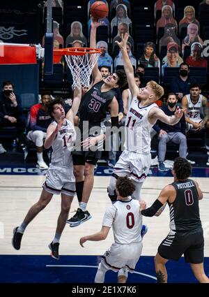 Moraga, CA U.S. 09th Jan, 2021. A. Santa Clara Broncos forward Guglielmo Caruso (30) goes to the hoop and scores during the NCAA Men's Basketball game between Santa Clara Broncos and the Saint Mary's Gaels 66-64 win at McKeon Pavilion Moraga Calif. Thurman James/CSM/Alamy Live News Stock Photo