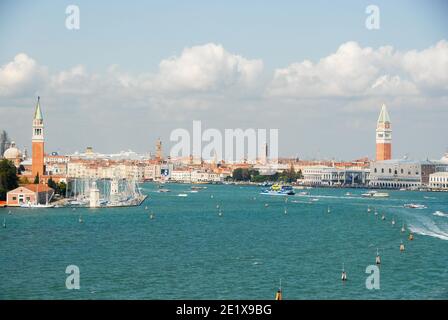 Panoramic view of Venice with Bacino of St Mark with Bell Tower (Campanile) on St Mark Square Stock Photo