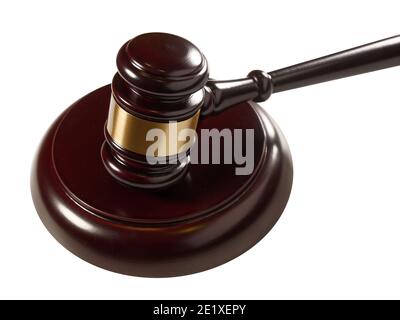 wooden judge gavel and soundboard isolated on white Stock Photo