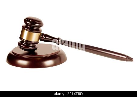 wooden judge gavel and soundboard isolated on white Stock Photo