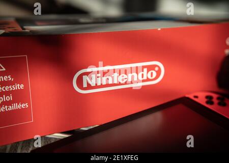 Bangkok, Thailand - January 10, 2021 : Nintendo logo on a Nintendo switch box. Stock Photo