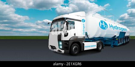 Truck on hydrogen fuel with H2 tank trailer on a background of green field and blue sky Stock Photo