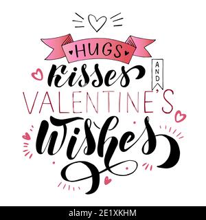Hugs, kisses and Valentines wishes. Vector illustration with pink ribbons and hearts. Happy Valentines Day typography vector design for greeting cards Stock Photo