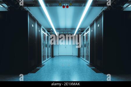 blue neon lights in a server room, technology Stock Photo