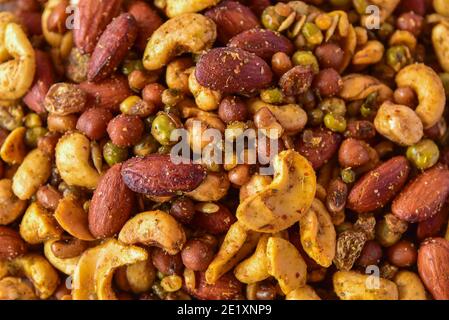natural background made from dry nuts. dry nuts spread close up photo. Stock Photo