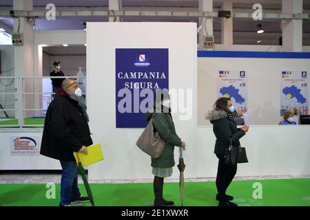 Naples, Italy. 09th Jan, 2021. The Local Health Company 1 Naples Center has set up at the pavilions of the Overseas Exhibition, a Center Vaccination against Covid-19 in Naples, Italy on January 9, 2021. At this early stage the vaccine is administered to all medical and nursing staff and 1,500 vaccines will be administered daily to operators who voluntarily request them. (Photo by Pasquale Senatore/Pacific Press/Sipa USA) Credit: Sipa USA/Alamy Live News Stock Photo