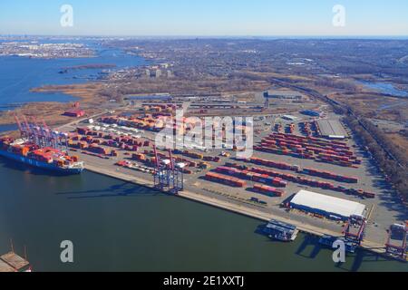 NEWARK, NJ -7 JAN 2021- Aerial view of the MOL Motivator cargo ship docked at the Port of Newark Elizabeth New Jersey. Stock Photo