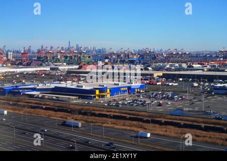 NEWARK, NJ -7 JAN 2021- Aerial view of the New Jersey turnpike, the IKEA store and the port of Elizabeth near Newark Liberty International Airport (EW Stock Photo