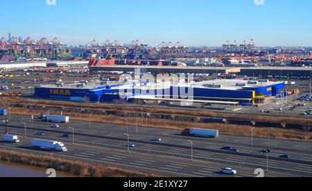 NEWARK, NJ -7 JAN 2021- Aerial view of the New Jersey turnpike, the IKEA store and the port of Elizabeth near Newark Liberty International Airport (EW Stock Photo