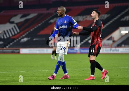 OLDHAM, ENGLAND. JAN 9TH Oldham Athletic's Dylan Bahamboula tussles with Diego Rico of Bournemouth during the FA Cup match between Bournemouth and Oldham Athletic at the Vitality Stadium, Bournemouth on Saturday 9th January 2021. (Credit: Eddie Garvey | MI News) Stock Photo