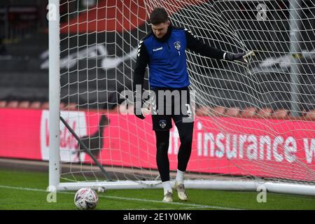 OLDHAM, ENGLAND. JAN 9TH Oldham Athletic's Ian Lawlor (Goalkeeper) before the FA Cup match between Bournemouth and Oldham Athletic at the Vitality Stadium, Bournemouth on Saturday 9th January 2021. (Credit: Eddie Garvey | MI News) Credit: MI News & Sport /Alamy Live News Stock Photo