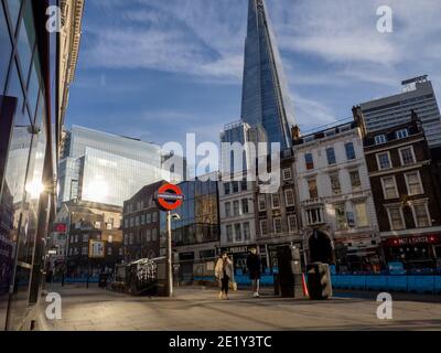 The Shard seen from London Bridge underground tube train station during the third national lockdown due to coronavirus. Stock Photo