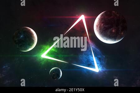 Deep space planets in blue-red-green triangular frame background Stock Photo