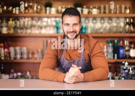 Portrait shot of handsome waiter wearing apron and smiling while standing behind the counter in the cafe and waiting for guest. Small business. Stock Photo
