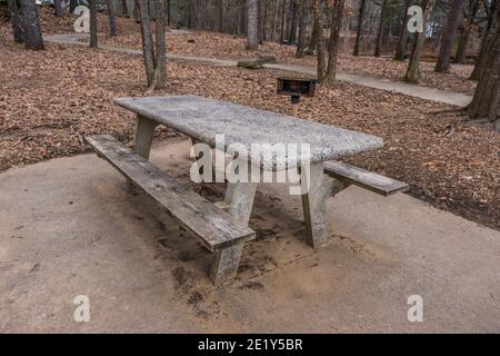 Closeup of a rustic and old picnic table sitting on a cement pad with a rusty grill surrounded by fallen leaves and trees in the empty park in wintert Stock Photo