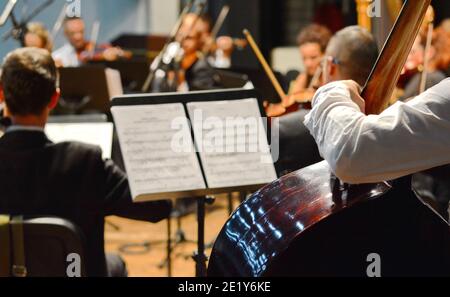 Symphony orchestra on stage, hands playing cello. Professional cello player's hands close up, he is performing with string section of the orchestra Stock Photo