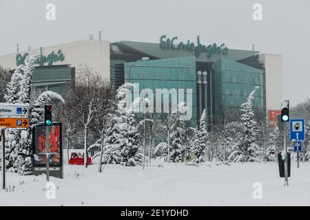 Snowy facade of El Corte Ingles department store in Sanchinarro Stock Photo