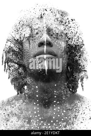 A concept black and white portrait combined with ink and paint splashes Stock Photo