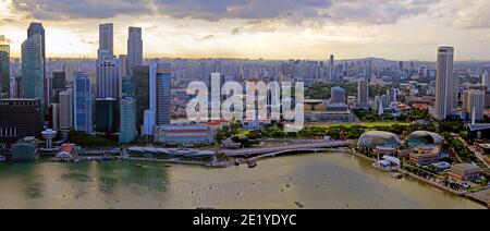 View of Singapore Financial Center skyline from the Marina Bay Sands Hotel. Stock Photo