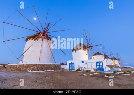 Mykonos, Greece. Traditional greek windmills on Mykonos island, Cyclades. Stock Photo