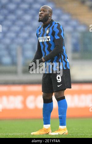 Rome, Italy. 10th Jan, 2021. ROME, ITALY - January 10 : Romelu Lukaku (L) of FC International Milan gestures during the Serie A soccer match between AS Roma and FC International Milan at Stadio Olimpico on January 10, 2021 in Rome Italy /LiveMedia Credit: Claudio Pasquazi/LPS/ZUMA Wire/Alamy Live News Stock Photo