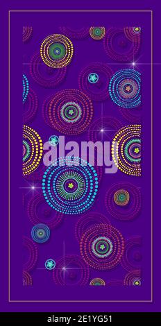 Psychedelic pattern of multi-colored repeating circles consisting of dots on a dark blue background. Card with a geometric pattern with echoes of Indi Stock Photo