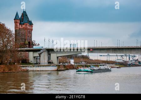 Worms Germany December 2020, Binnenvaart, Translation Inlandshipping on the river rhein Gas tanker vessel Rhine Germany oil and gas transport.  Stock Photo