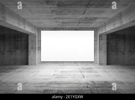 Empty concrete room interior perspective with blank white screen on a front wall. 3d rendering illustration Stock Photo