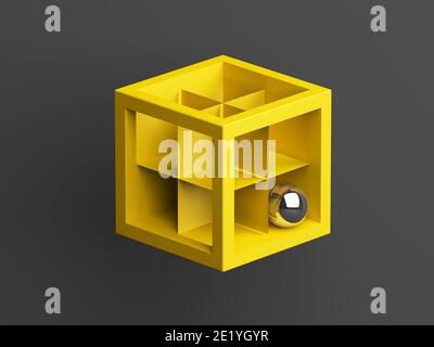 Abstract still life installation, yellow cube puzzle with metal ball. 3d rendering illustration Stock Photo