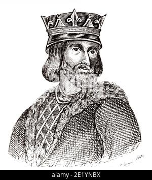 Portrait of Chlothar II the Great, the Young or Clotaire II (583 - 628). King of France from 584 to 628. Merovingian Dynasty. History of France, from the book Atlas de la France 1842 Stock Photo