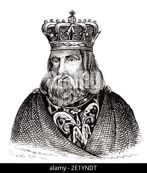 Portrait of  Louis I the Pious and Debonair (778 - 840). King of France from 814 to 840. Carolingian Dynasty. History of France, from the book Atlas de la France 1842 Stock Photo