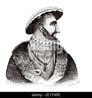 Portrait of François the Father and Restorer of Letters (1494 - 1547). King of France from 1515 to 1547. Valois–Angoulême Branch. History of France, from the book Atlas de la France 1842 Stock Photo