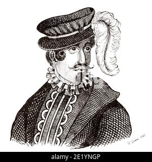 Portrait of Charles IX (1550 - 1574). King of France from 1560 to 1574. Valois–Angoulême Branch. History of France, from the book Atlas de la France 1842 Stock Photo