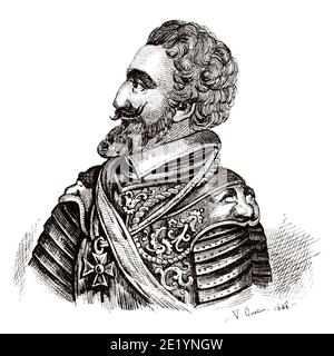 Portrait of Henri IV, Good King Henry, the Green Gallant (1553 - 1610). King of France from 1589 to 1610. House of Bourbon. History of France, from the book Atlas de la France 1842 Stock Photo