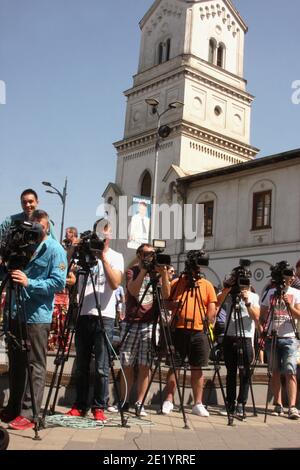 News cameramen filming during an event in Bucharest, Romania Stock Photo