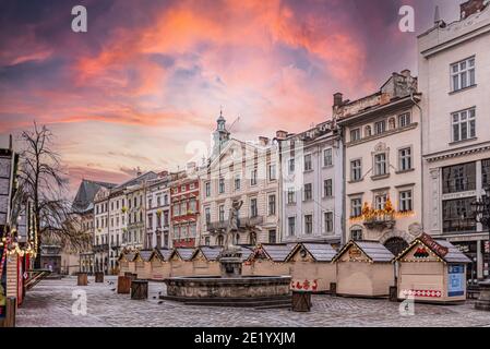 Lviv, Ukraine - January 10, 2021: Lviv Christmas Market 2021 during COVID-19 Quarantine Stock Photo