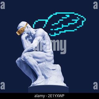 Sculpture of a thinker with virtual reality glasses and digital wings behind his back. 3D illustration. Stock Photo
