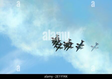 Frecce Tricolori :- Italian Air force display team, consisting of 10 Aermacchi AT-339A jet trainers. Stock Photo