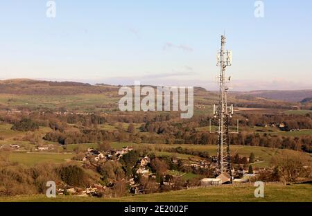 Phone mast in the Peak District National Park above the Derbyshire village of Ashford in the Water Stock Photo