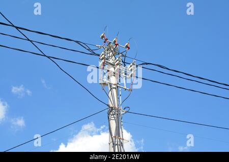 Overhead assorted cable pole Stock Photo - Alamy