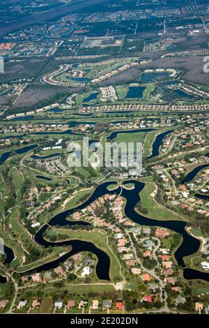 Fort Meyers, Florida.  Aerial view of the Fiddlesticks Country Club.  It is an established, gated golf community and is comprised of approximately 600 Stock Photo