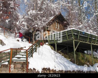 Cabin in the snow at Farellones village, Andes mountains. Chile. Stock Photo